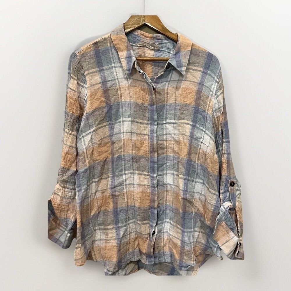 Soft Surroundings Linen Shirt Size 1X Plaid Long Sleeve Button Up Roll Tab